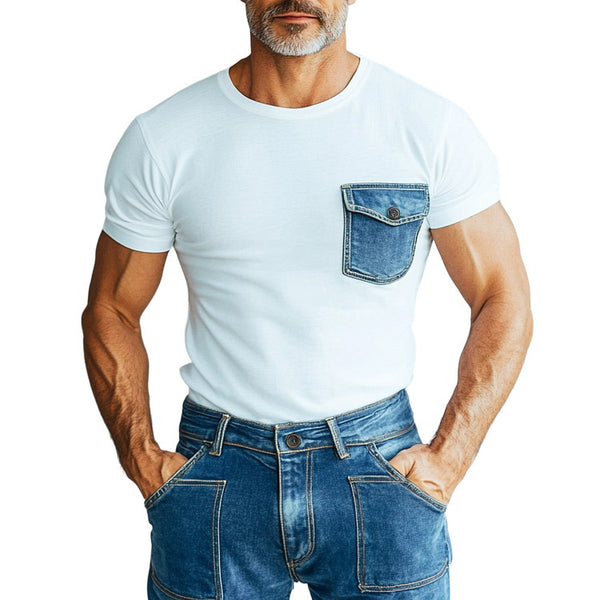 Men's Vintage Denim Chest Pocket Crew Neck Short Sleeve T-shirt