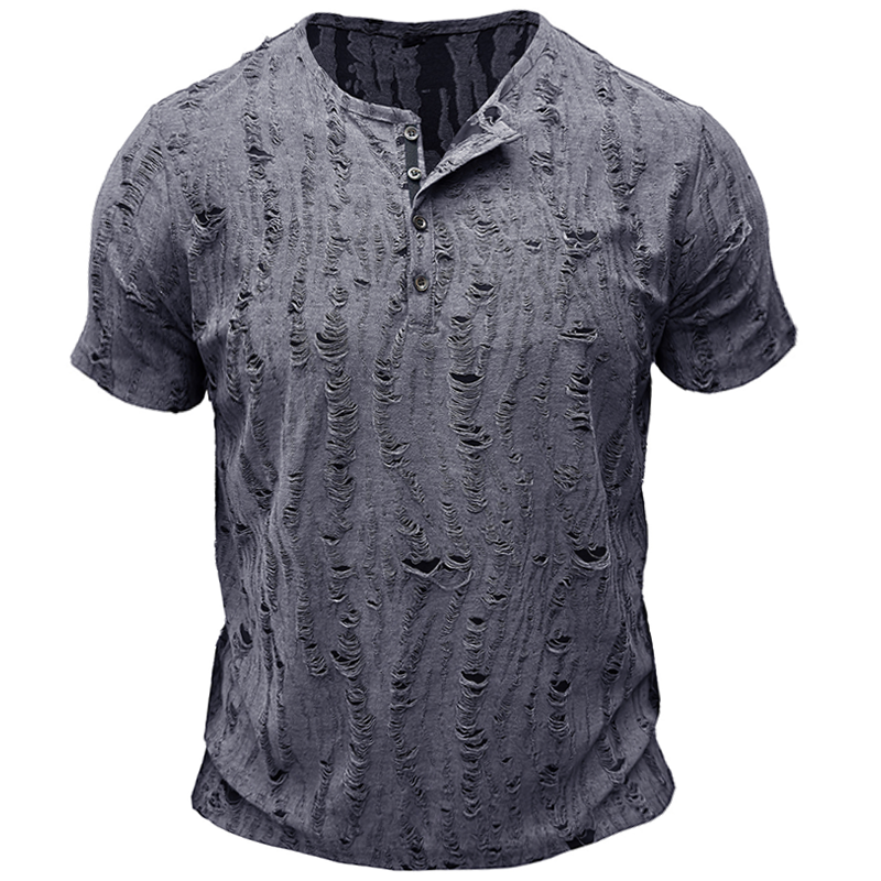 Men's Vintage Texture Jacquard Raw Edge Henley Collar T-shirt