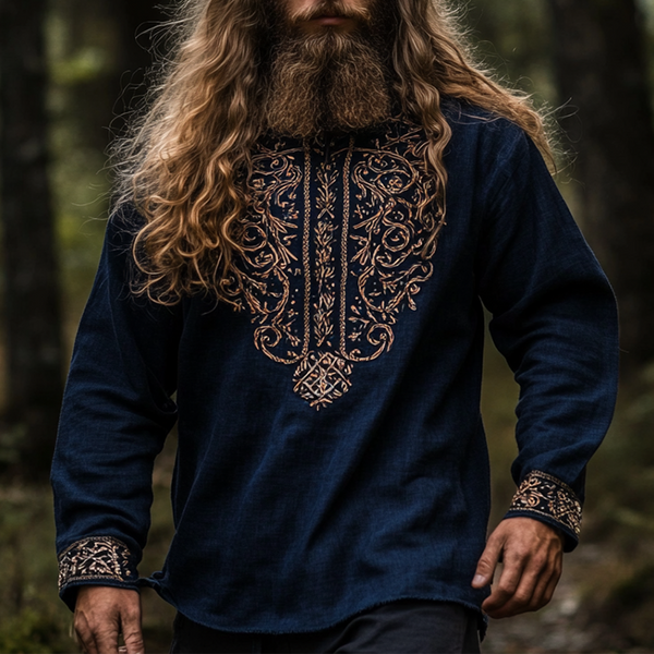 Men's Vintage Viking Ancient Nordic-style Linen Printed Casual Long Sleeve Top Shirt