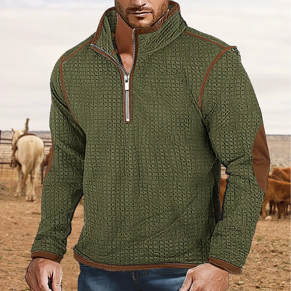 Men's Vintage Waffle Zip Stand Collar Daily Tops Elbow Patch Long Sleeve T-Shirt