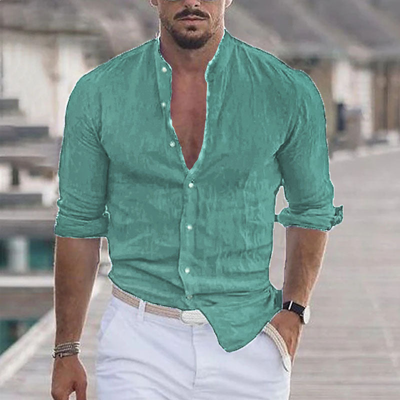 Men's Linen Solid Color Casual Stand Collar Long Sleeve Shirt