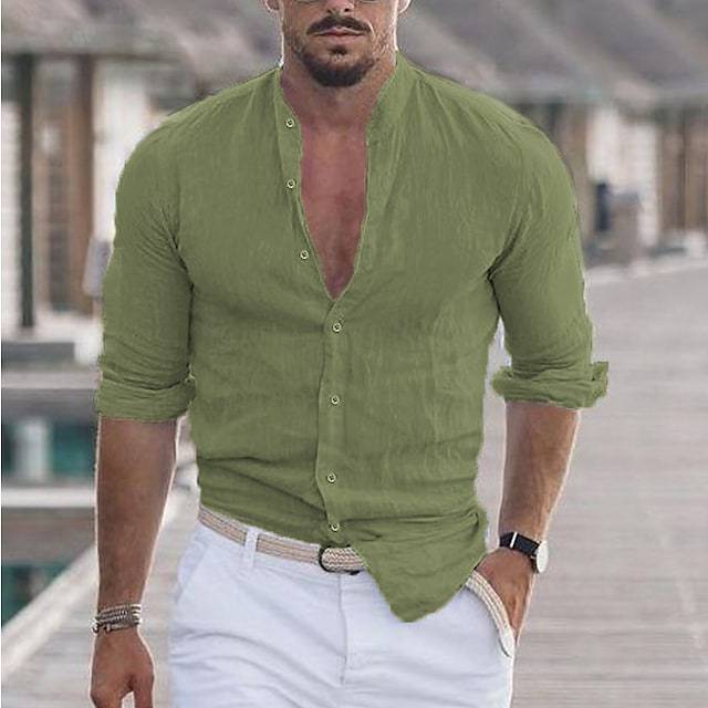 Men's Linen Solid Color Casual Stand Collar Long Sleeve Shirt