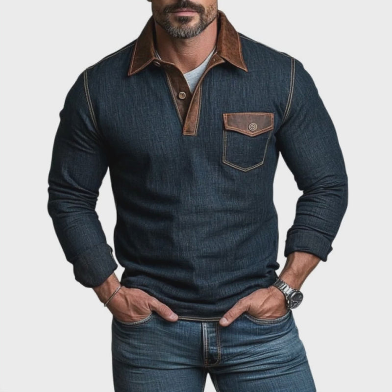 Rustic Brown Polo Shirt with Denim Accents